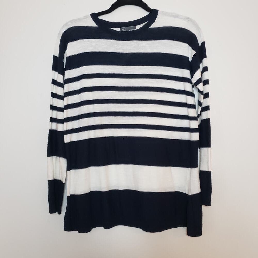 Vince 100% Cotton Navy Blue & White Striped Long Sleeve Sweater Size XS